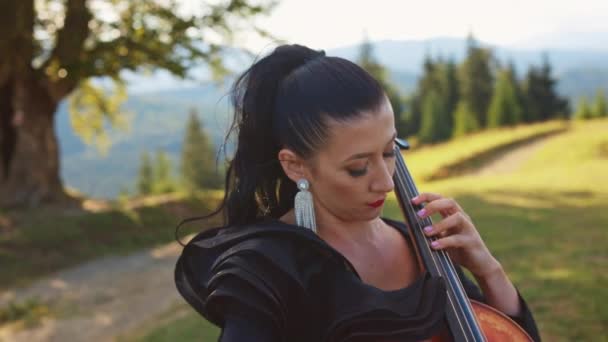 年轻的成年女子表演她的大提琴演奏的天性 女歌手闭上她的眼睛欣赏音乐 美丽的阳光普照的自然背景 — 图库视频影像