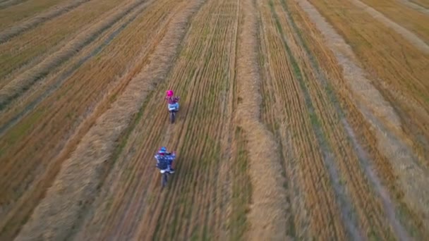 Guy Blauwe Helm Volgt Meisje Roze Helm Motorrijden Jong Echtpaar — Stockvideo