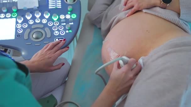 Terhes Hölgy Fekszik Oldalán Orvos Ultrahangos Diagnosztikát Végez Szülész Mozog — Stock videók