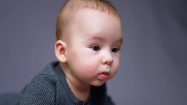 Lovely Caucasian Boy Adorable Cheeks Looking Curiously Beautiful Baby Portrait — Stock Video