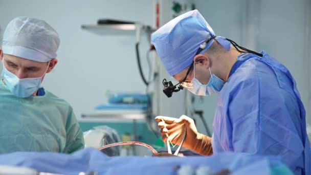 Medelålders Kirurg Använder Metallpincett Vid Operation Läkaren Sliter Bort Sjuka — Stockvideo