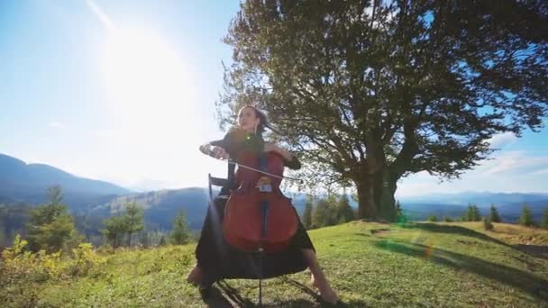 Femme Robe Noire Joue Violoncelle Assis Sur Haute Colline Les — Video