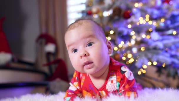 Schöne Kind Liegt Neben Weihnachtsbaum Auf Einem Plaid Kleines Kind — Stockvideo