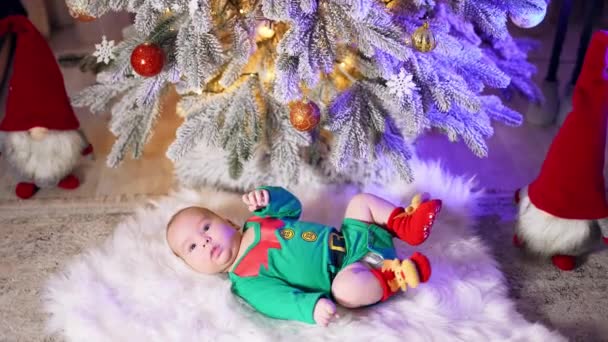 グリーンエルフのコスチュームと赤い靴下の白人の子供は ふわふわの平原の上に休んでいます クリスマスツリーの下で活発に足を動かす美しい幼児 — ストック動画