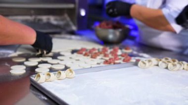 Fabrika işçileri köfteleri etle yapıyor. Pelmeni ve et üretimi günümüzde gıda girişimi.