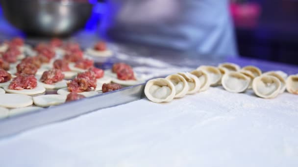 在现代食品制造厂生产肉类饺子 工人们把现成的拉提琴放在盘子里 靠近点 — 图库视频影像