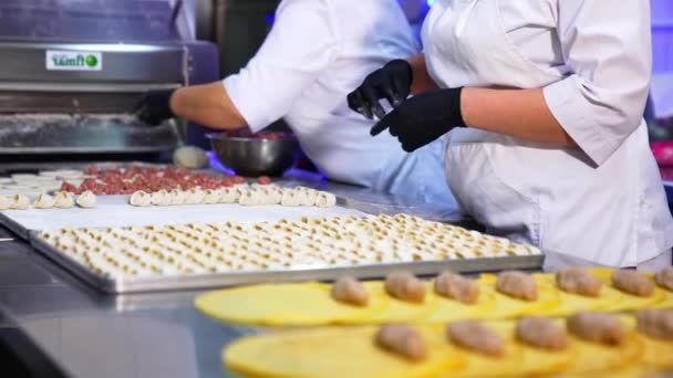 食品制造厂的工人用切碎的肉做饺子 新制造的半成品放在桌上的托盘上 — 图库视频影像