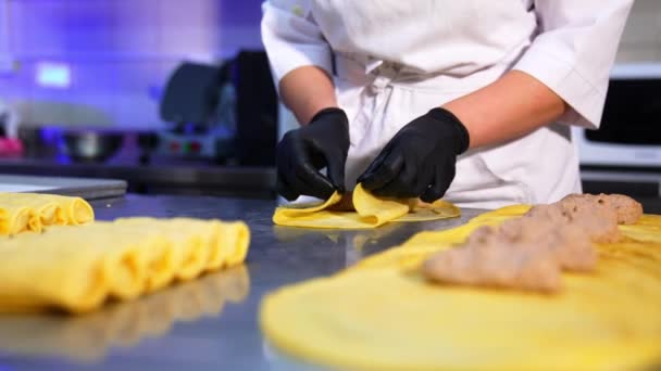 Mani Attente Cuoco Guanti Fanno Rotolare Carne Macinata Una Frittella — Video Stock