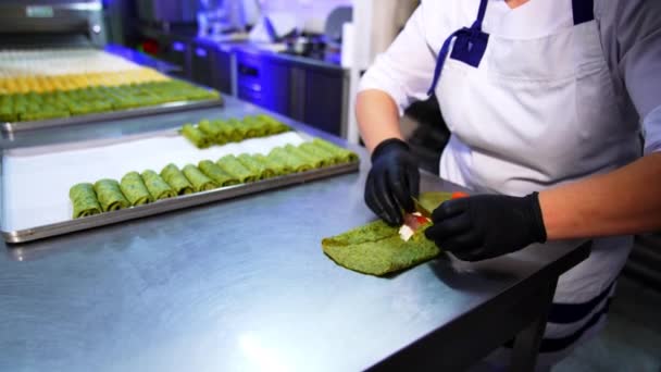 女性のレストランの料理は 緑色のクレープの詰め物をカバーしています レディーロールパンケーキは 金属トレイに美しく敷かれています ブラーレッド バックドロップ — ストック動画