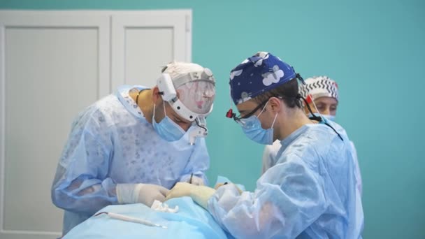Zaostření Chirurgové Používají Při Provozu Kovové Nástroje Dva Profesionálové Pracují — Stock video