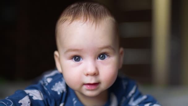 Curious Caucasian Baby Boy Looks Camera Close Portrait Beautiful Child — Stock Video