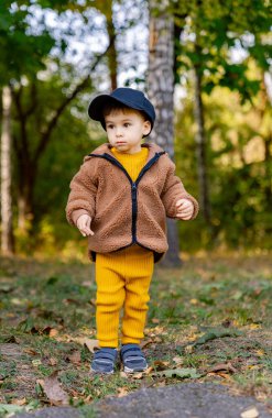Sonbaharda şapkalı küçük çocuk parkta yürüyor.