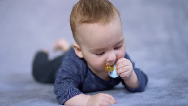 Cute Adorable Baby Boy Dealing Pacifier Beautiful Infant Child Chewing — Stock Video