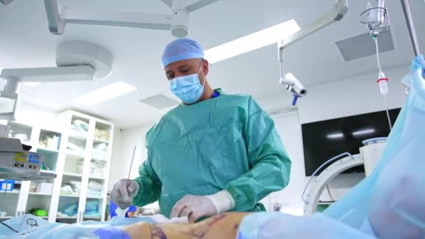 Mužský Chirurg Provádějící Liposukci Profesionální Čistí Pacientovi Břicho Vkládá Obrovský — Stock video