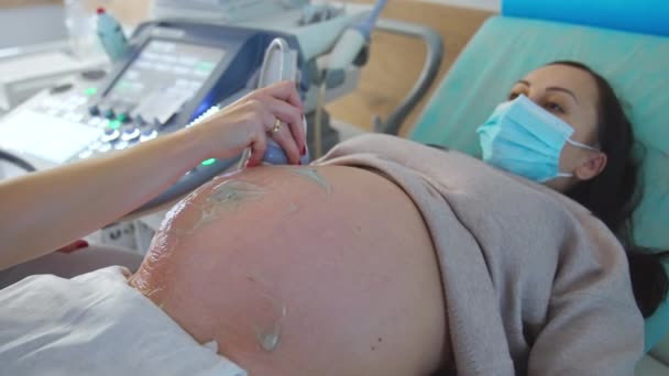 Wanita Hamil Bertopeng Terletak Sofa Dokter Dokter Memindahkan Peralatan Sekitar — Stok Video