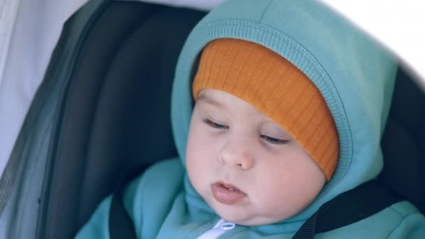 Güzel Yanaklı Sevimli Beyaz Çocuk Bebek Arabasında Oturuyor Sıcak Kıyafetler — Stok video