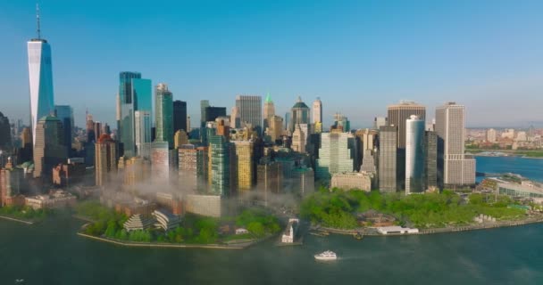 Nedre Manhattan Finansdistrikt Ljuset Ljus Sol New York City Skyline — Stockvideo