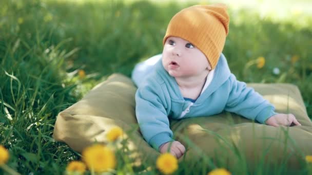 파란색 전체와 오렌지색 모자를 아이는 자연을 봅니다 어머니의 조심스럽게 아들의 — 비디오
