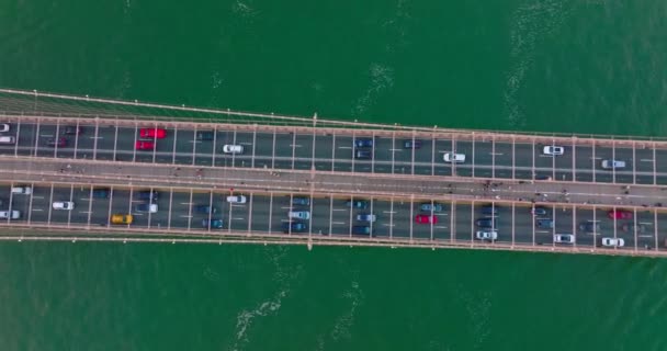 川を渡る巨大な橋に沿って移動する多くの車両 海の緑の水の背景にある橋の上の鳥の視線 — ストック動画