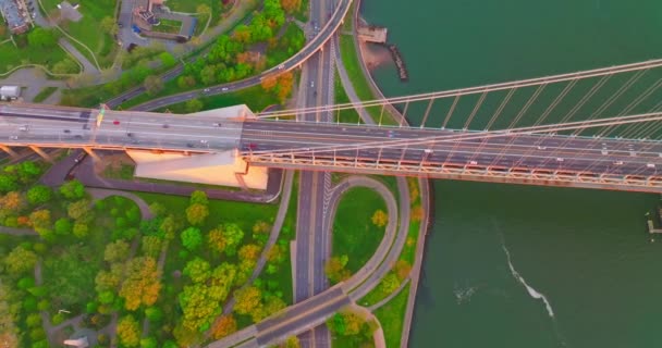 Lively Motorways Bank East River Top View Bridge Roads Green — Stock Video