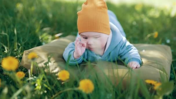 活泼的男婴躺在室外绿草中 小孩拍了拍枕头上的手 笑逐颜开 — 图库视频影像