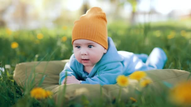 Прекрасный Маленький Мальчик Лежит Зеленой Траве Baby Enjoys Yellow Flowers — стоковое видео