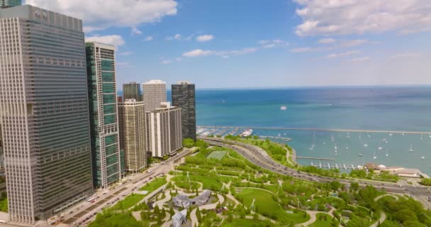 大建筑物旁边的绿色现代公园 位于湖畔的芝加哥公园区和游艇俱乐部 — 图库视频影像