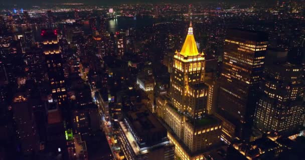 Nekonečná Krajina New Yorku Miliardami Světel Noci Třpytivá Metropole Letecký — Stock video