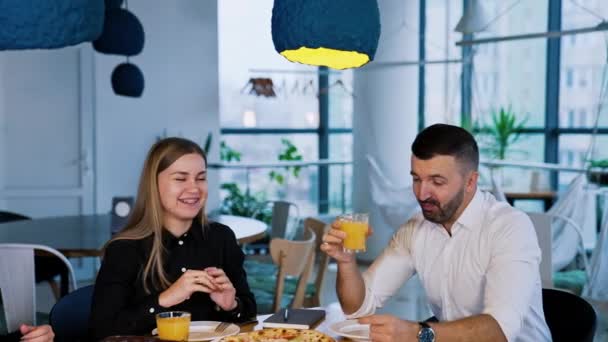Cheerful Happy Conversation Colleagues Lunch Break People Sit Table Having — Stock Video