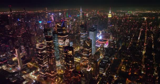 Невероятная Панорама Потрясающего Нью Йорка Ночное Время Сияющие Огни Оживленного — стоковое видео