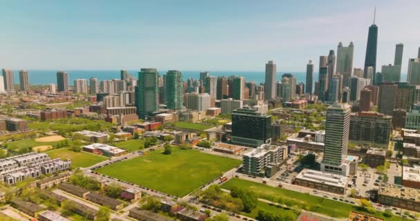 Espaces Verts Parmi Les Bâtiments Chicago Moderne Voitures Déplaçant Long — Video