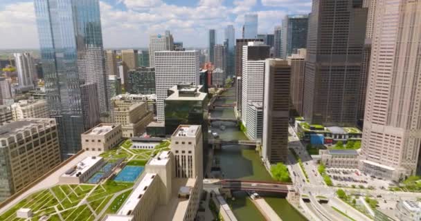 伟大的芝加哥的宏伟建筑 无人机在顶部有绿地的建筑物上飞行 在河上有多座桥 背景是多云的天空 — 图库视频影像