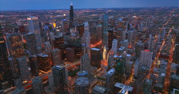 Потрясающий Вид Городской Пейзаж Чикаго Полный Вечерних Огней Сумерках Изумительный — стоковое видео