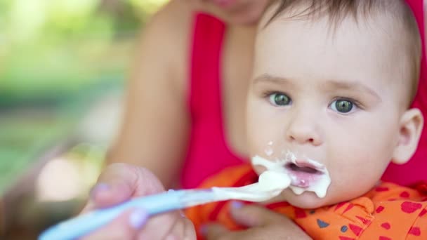 有爱心的妈妈用勺子喂她的小宝宝 好孩子把注意力放在一边看 然后拿起勺子 — 图库视频影像