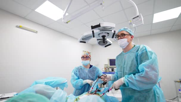 手術中の楽器を適用する若い男性医師 横に立っている女性アシスタント 現代の手術室の背景 — ストック動画