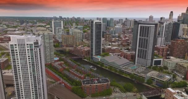 Landskap Fantastiska Chicago Nedgående Sol Vacker Olika Arkitektur Metropolen Bakgrunden — Stockvideo