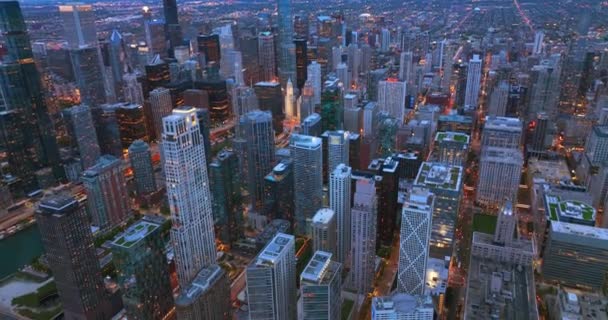 Niewiarygodnie Piękny Widok Chicago Zmierzchu Metropolis Włącza Światła Wspaniała Architektura — Wideo stockowe