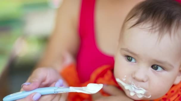 Criança Caucasiana Adorável Que Recebe Alimentos Lácteos Colher Kid Está — Vídeo de Stock