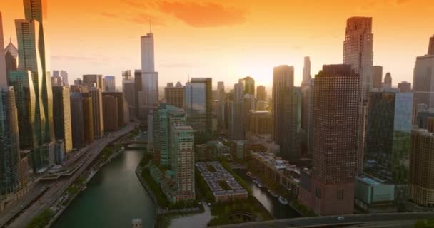 Úžasná Architektura Moderního Chicaga Zlatém Světle Západu Slunce Pohled Chicago — Stock video