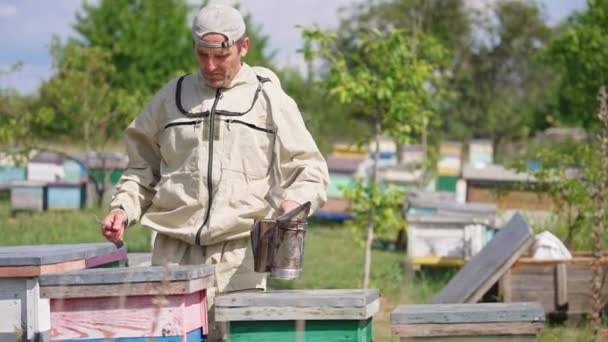 Včelař Speciálním Oblečení Přichází Úlům Obou Rukou Drží Nářadí Člověk — Stock video
