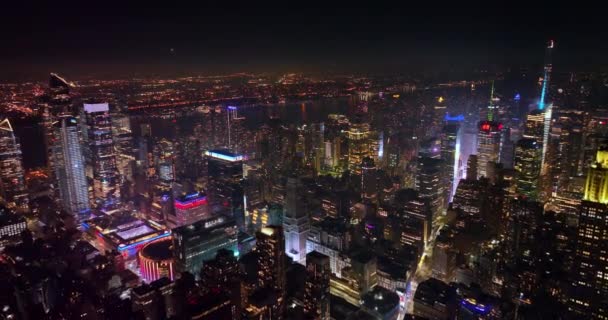 Огромная Панорама Нью Йорка Ночью Огромные Городские Пейзажи Свете Темной — стоковое видео