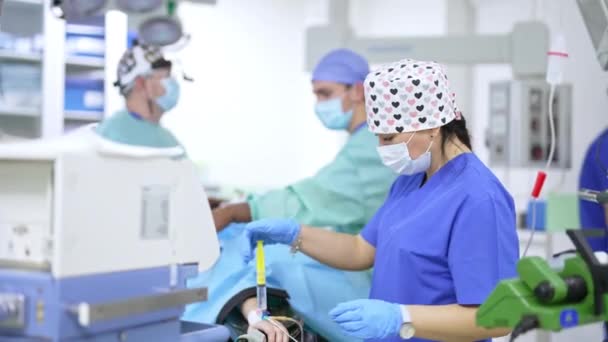 Pielęgniarka Wprowadza Leki Probówek Połączonych Ręką Pacjenta Lekarze Tle Wykorzystują — Wideo stockowe