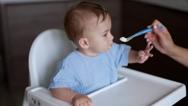 Διατροφή Ενός Μικρού Παιδιού Που Κάθεται Στην Καρέκλα Αγοράκι Τρώει — Αρχείο Βίντεο