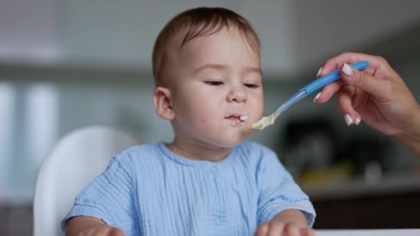 Küçük Bir Çocuğu Kaşıkla Beslemek Annenin Eli Bebeğin Ağzına Dolu — Stok video