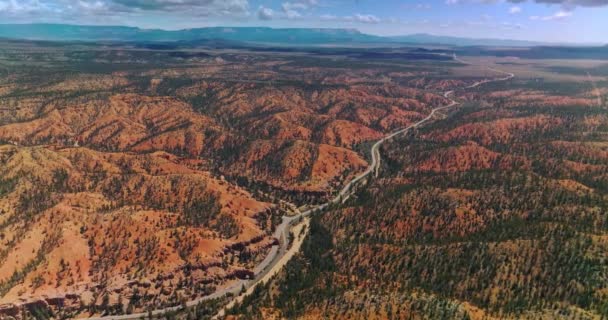 美丽的群山 长满了松树 景色令人惊叹 美国犹他州Arches峡谷中穿越山丘的漫长道路 — 图库视频影像
