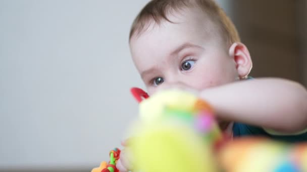 Kleines Entzückendes Baby Das Mit Einem Spielzeug Spielt Liebenswertes Kind — Stockvideo