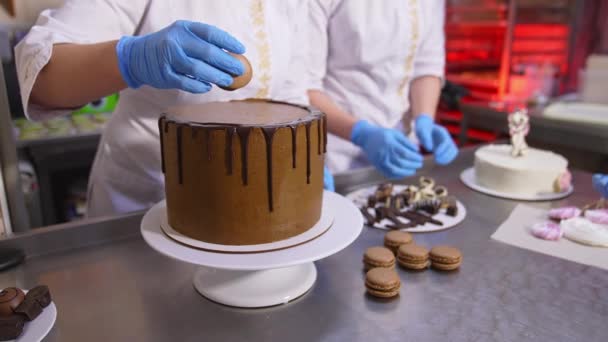 Große Schöne Schokoladenkuchendekoration Der Konditorei Konditor Legt Die Makronen Auf — Stockvideo