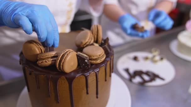 Smaklig Chokladkaka Vackert Dekorerad Matfabriken Bakverk Proffs Sätta Sötsaker Toppen — Stockvideo