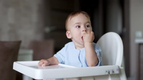 Adorable Niño Caucásico Sentado Mesa Alimentación Sosteniendo Bagel Lindo Niño — Vídeo de stock