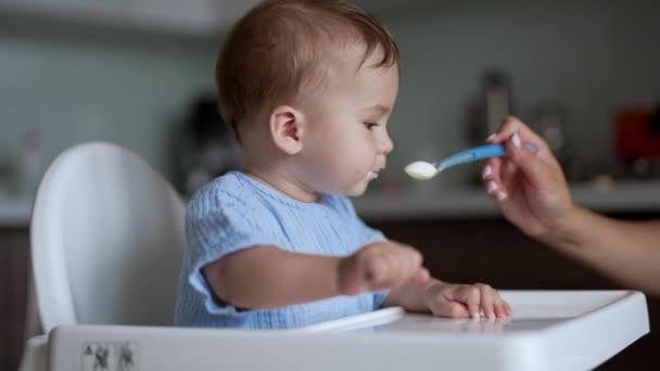 Babyvoeding Met Pap Kleine Peuter Die Voedsel Eet Van Lepeltjes — Stockvideo
